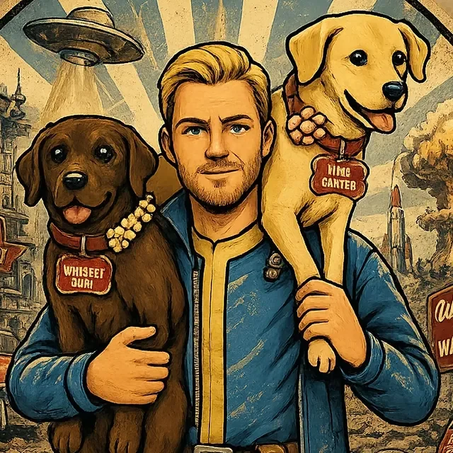 Illustrated portrait of Brandon Ramlet with his chocolate and yellow labs. Press it to play BrandonTime.