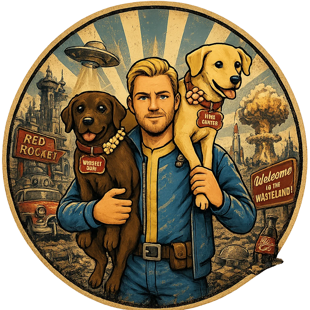 Illustrated Vault-Boy-style portrait of Brandon Ramlet with his two dogs in a Fallout-inspired wasteland scene — click to play BrandonTime